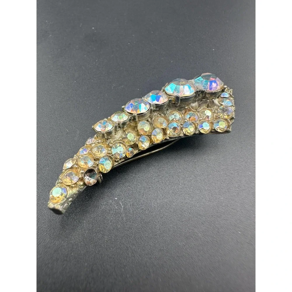 VTG 30s 40s Aurora Borealis Rhinestone Crescent Brooch Crystal Pot Metal Pin